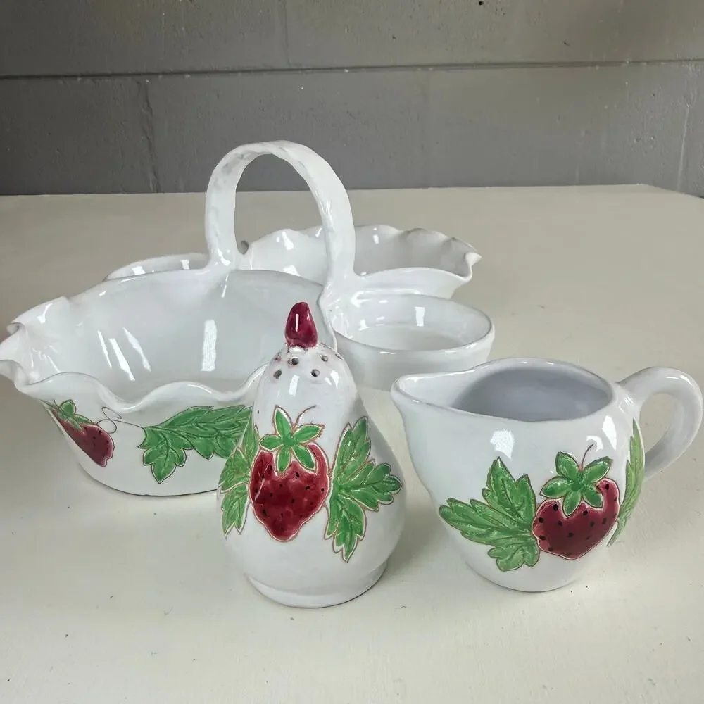 Vintage Italian Pottery Strawberry Creamer Sugar Cottagecore Serving Basket